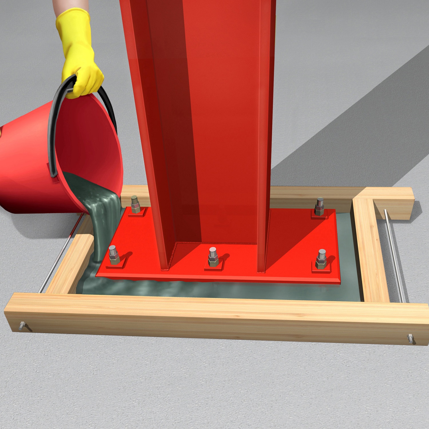 Person pouring grout around a red metal structure base using Sika Sikagrout 111 GP.