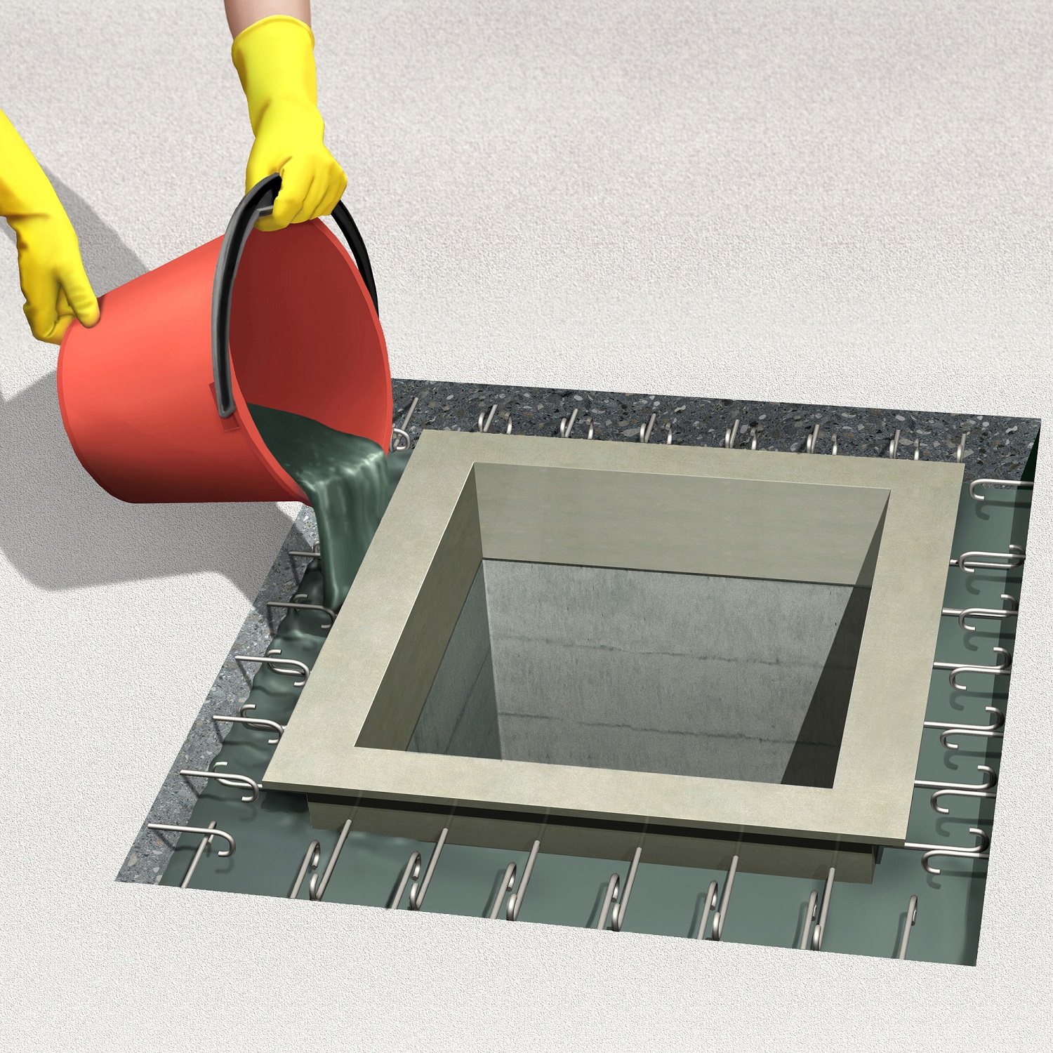 Person pouring grey grout from a red bucket into a square mould with metal reinforcements.