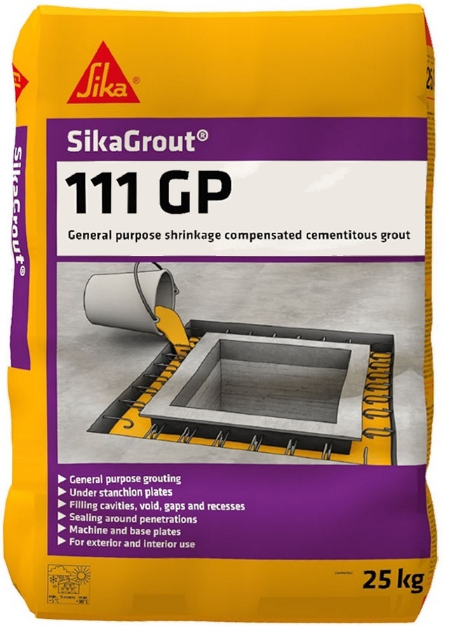 Bag of Sika Sikagrout 111 GP Flowable Cementitious Grout for Bedding Applications, showing product details and usage instructions.
