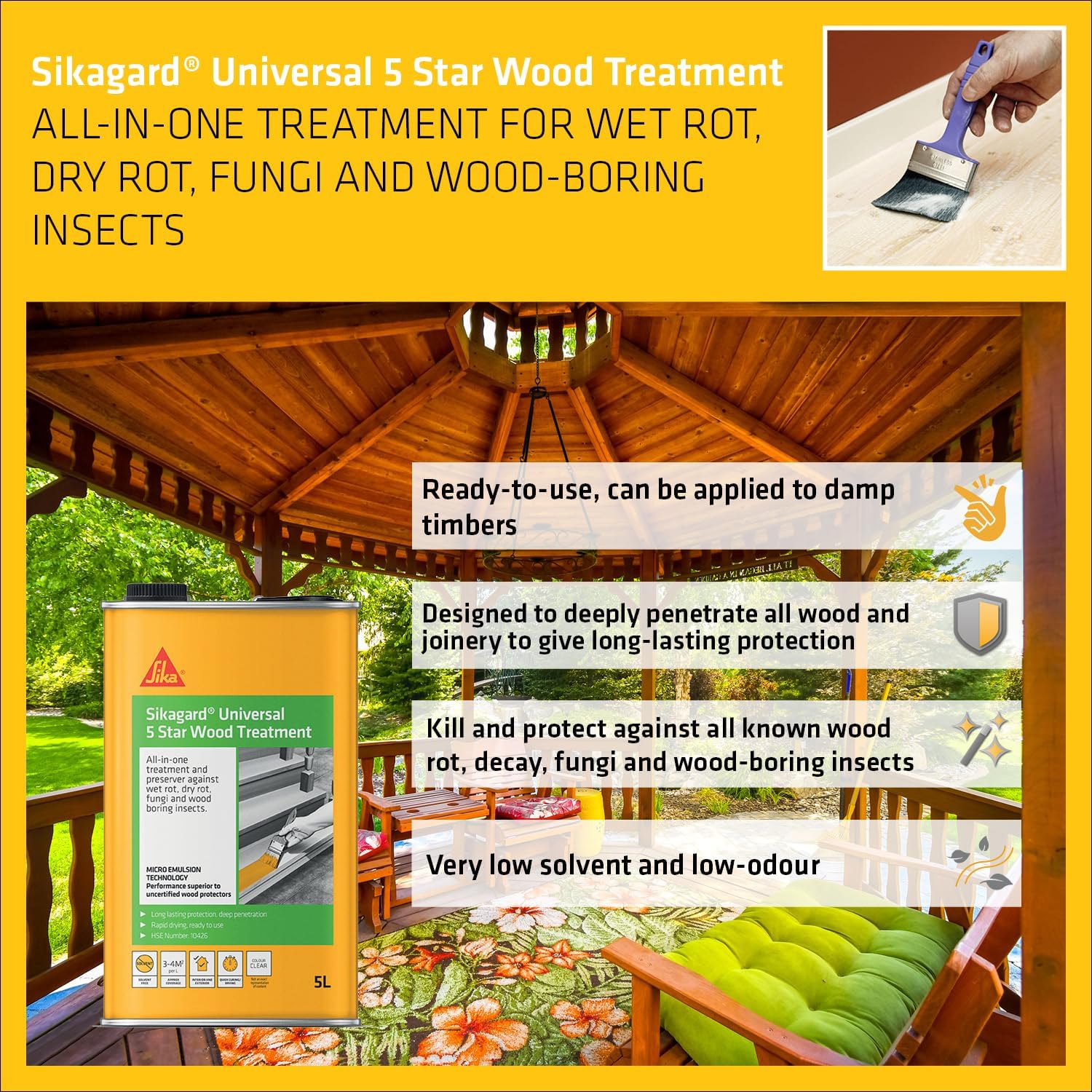 Sika Sikagard Universal Wood Treatment 5L container with gazebo background, highlighting features for rot, fungi, and insect protection.