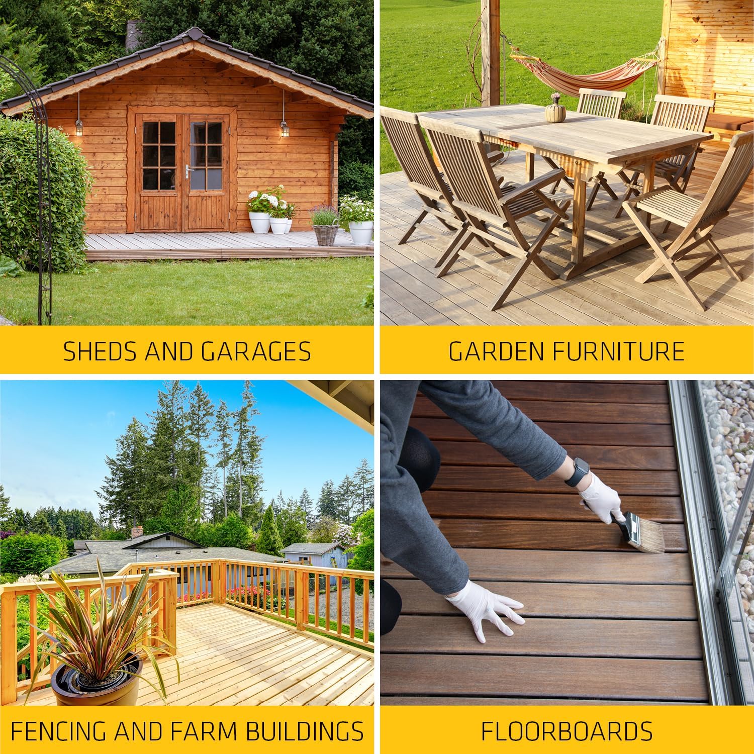 Collage of wooden structures including a shed, garden furniture, fencing, and floorboards.