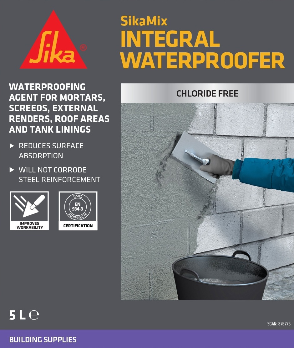 Sika SikaMix Integral Liquid Waterproofer Additive 5 Litre packaging showing application on brickwork.