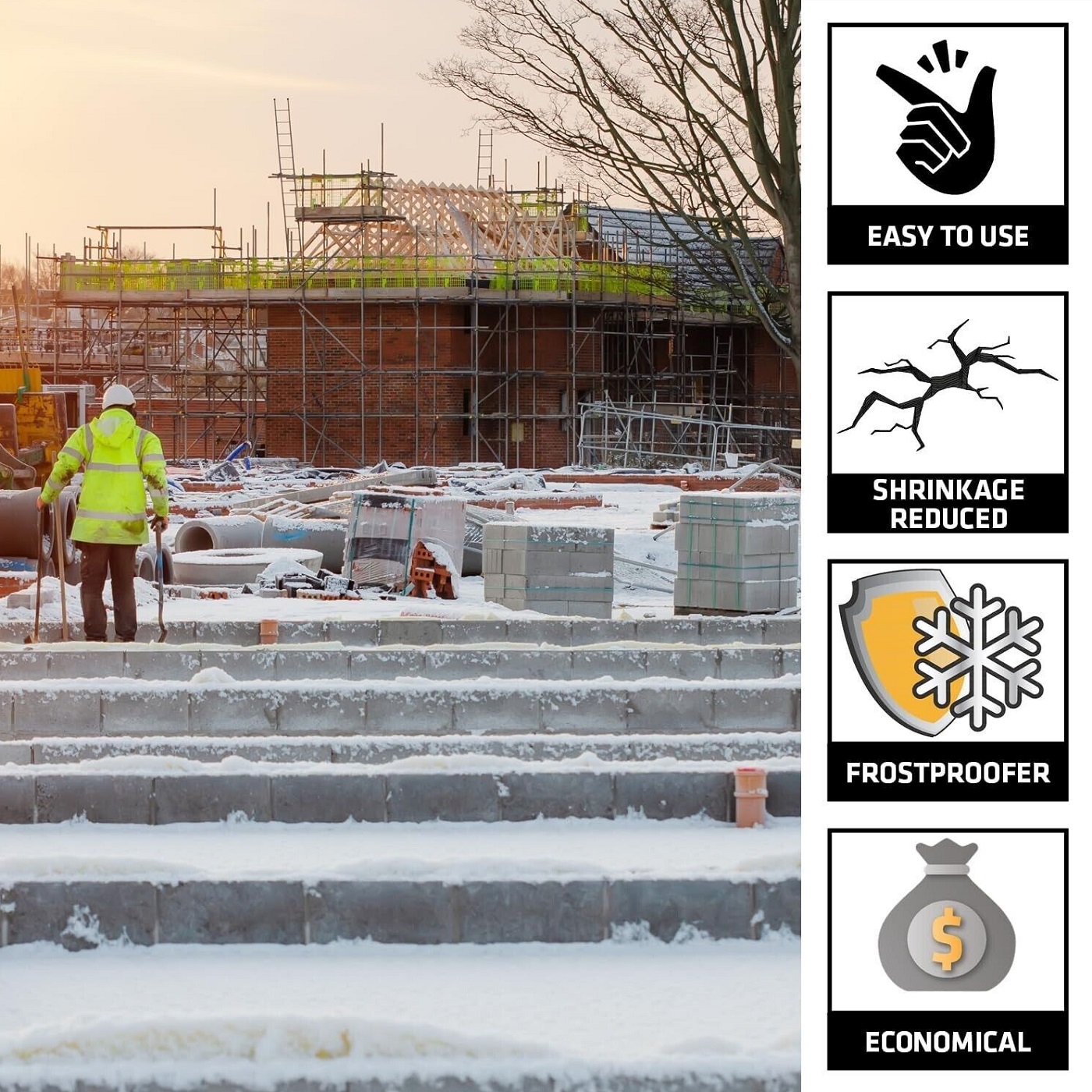 Construction site with scaffolding and building materials, highlighting features such as easy to use, shrinkage reduced, frostproofer, and economical.