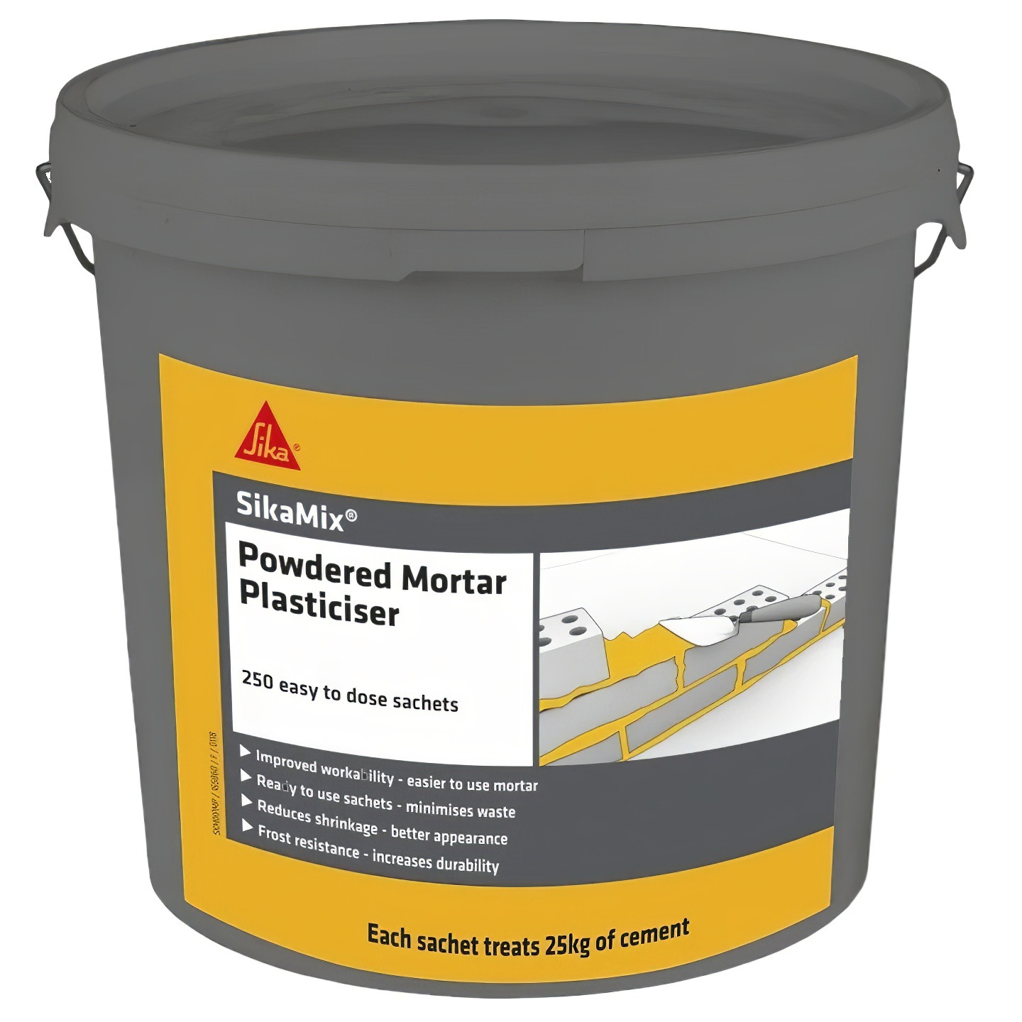 A grey bucket labelled Sika Mix Powdered Mortar Plasticiser, containing 250 sachets for professional use.
