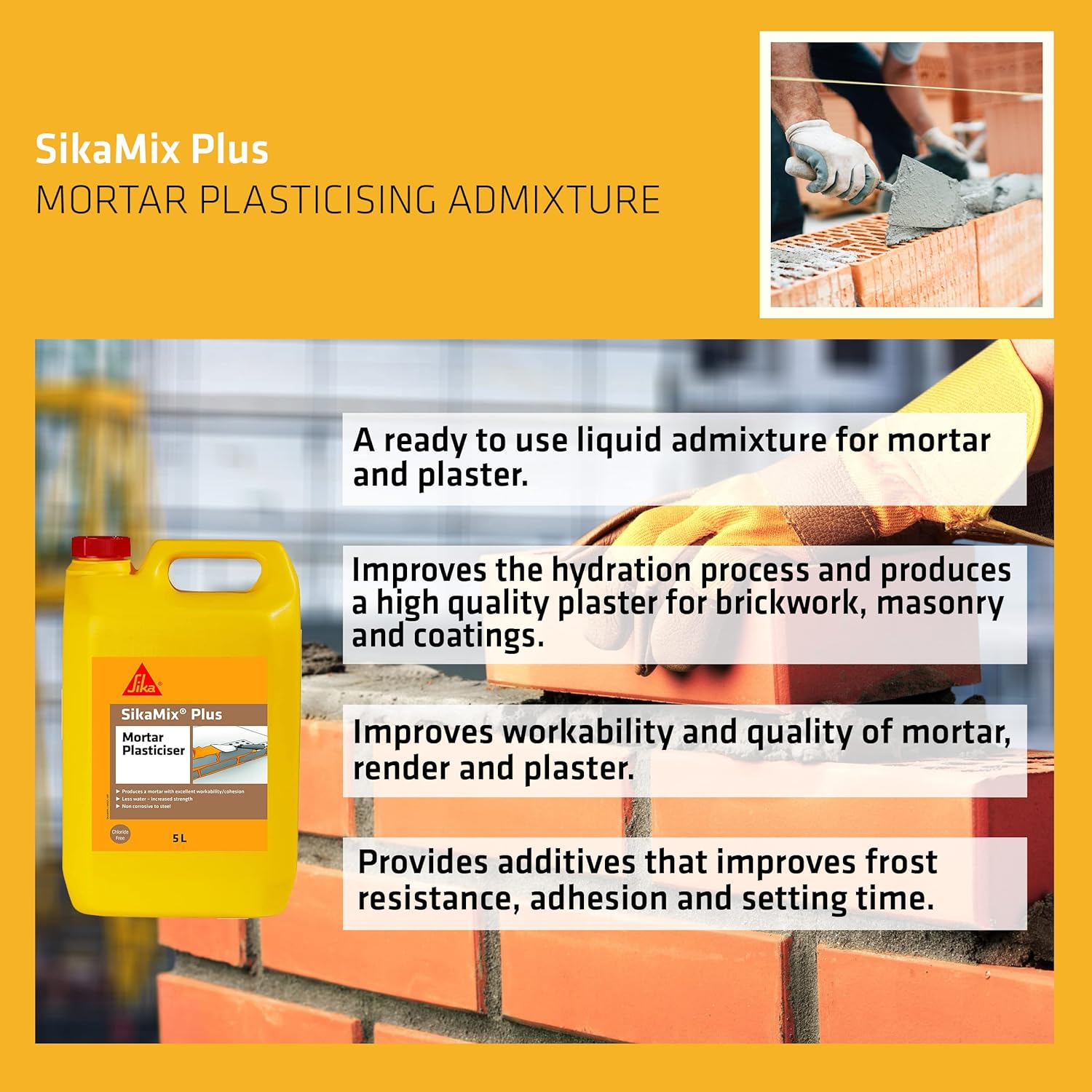 SikaMix Plus Mortar Admix Plasticiser 5L with text highlighting its benefits for mortar and plaster.