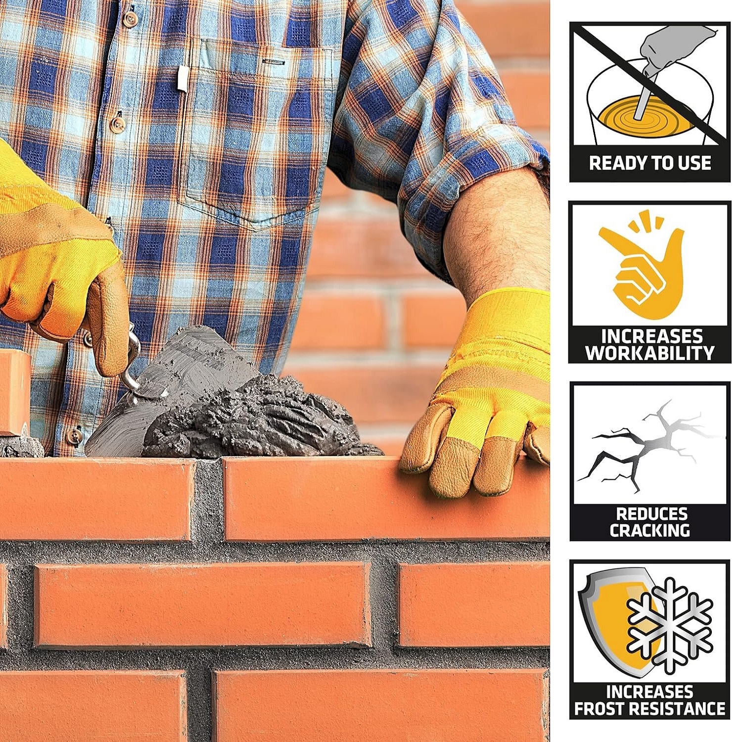 Person using mortar with a trowel on a brick wall, wearing gloves and a plaid shirt. Product features include increased workability, reduced cracking, and frost resistance.