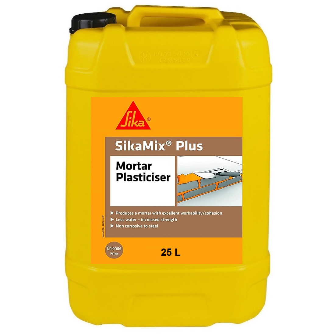Yellow 25L container of SikaMix Plus Mortar Plasticiser with label showing product details.