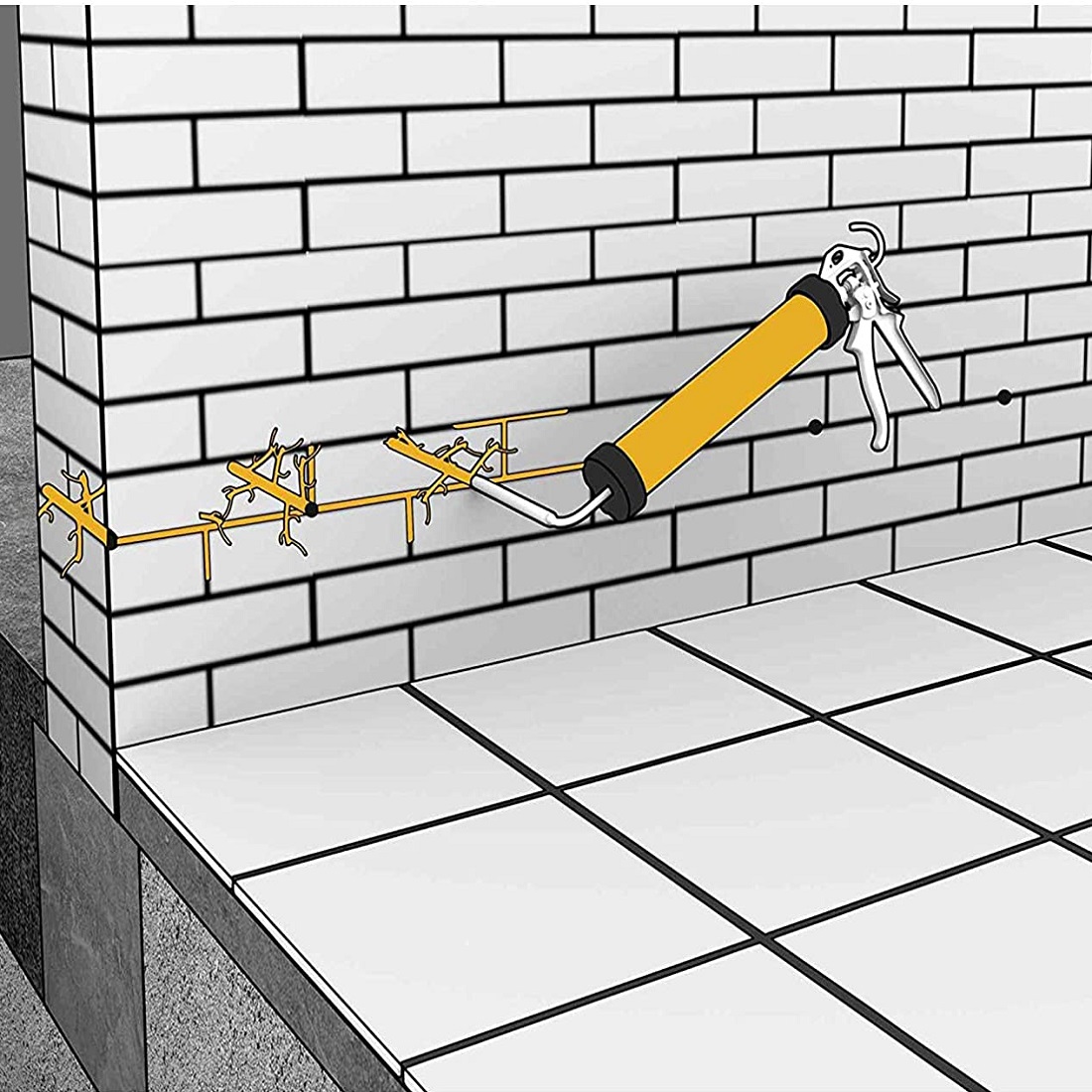 Illustration of a damp proof membrane being injected into a brick wall using a yellow applicator.