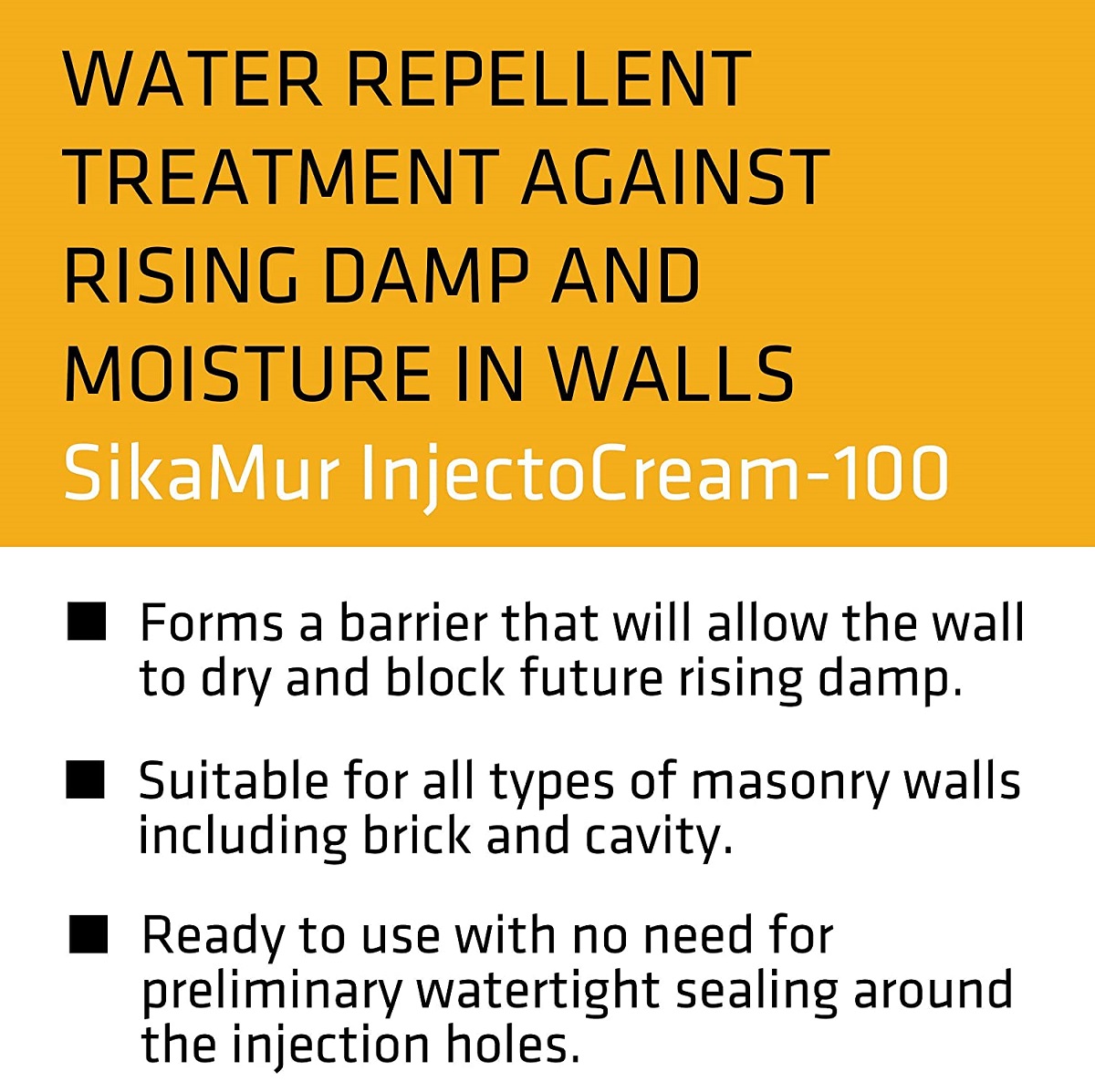 SikaMur InjectoCream 100 product description highlighting water repellent treatment against rising damp and moisture in walls.