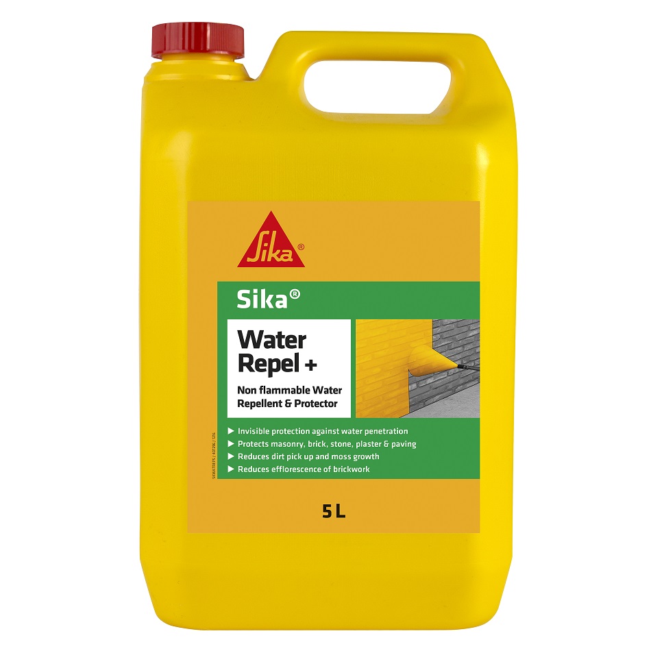 Yellow 5L container of Sika Water Repel Solvent-Free Repellent and Protector with label details.