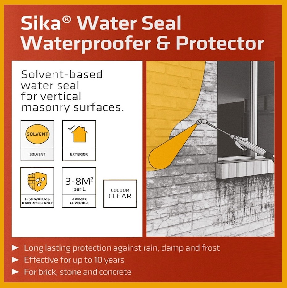 Illustration showing Sika Water Seal Solvent Repellent and Protector being applied to a brick wall for waterproofing.
