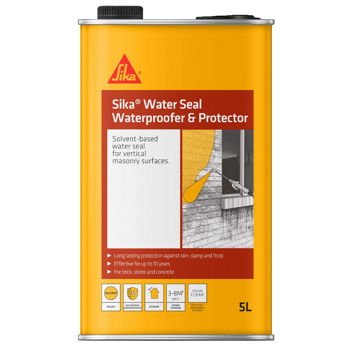 Sika Water Seal Solvent Repellent and Protector 5L container for waterproofing, featuring product details and usage instructions.