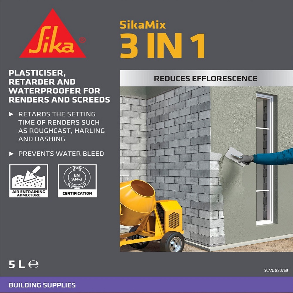 Label of Sika 3 in 1 Rendamix Waterproofer Retarder Plasticiser Admixture 5L showing product features.
