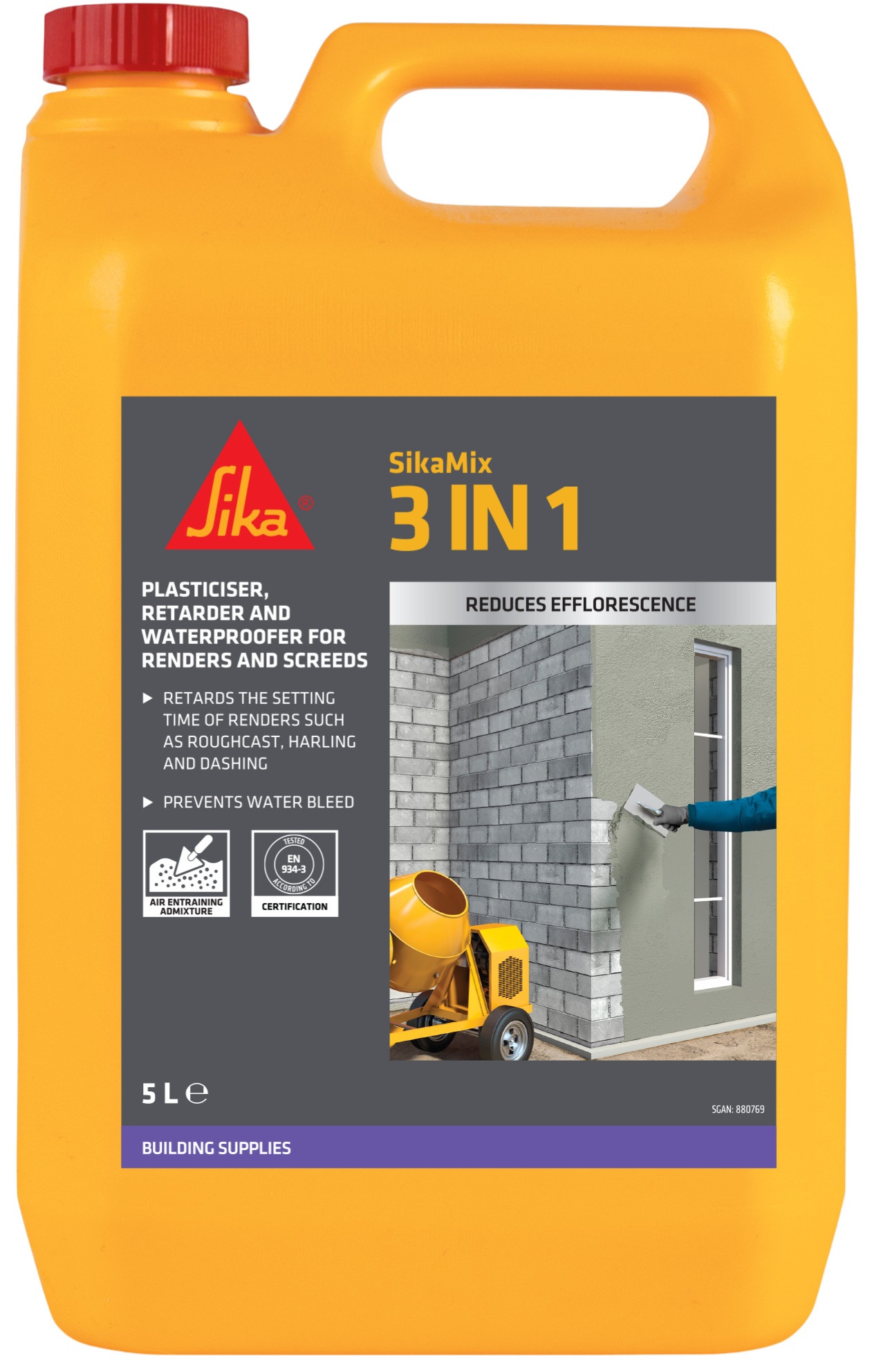 sika Rendamix 3 in 1 Waterproofer Retarder Plasticiser Admixture 5L with label and handle.