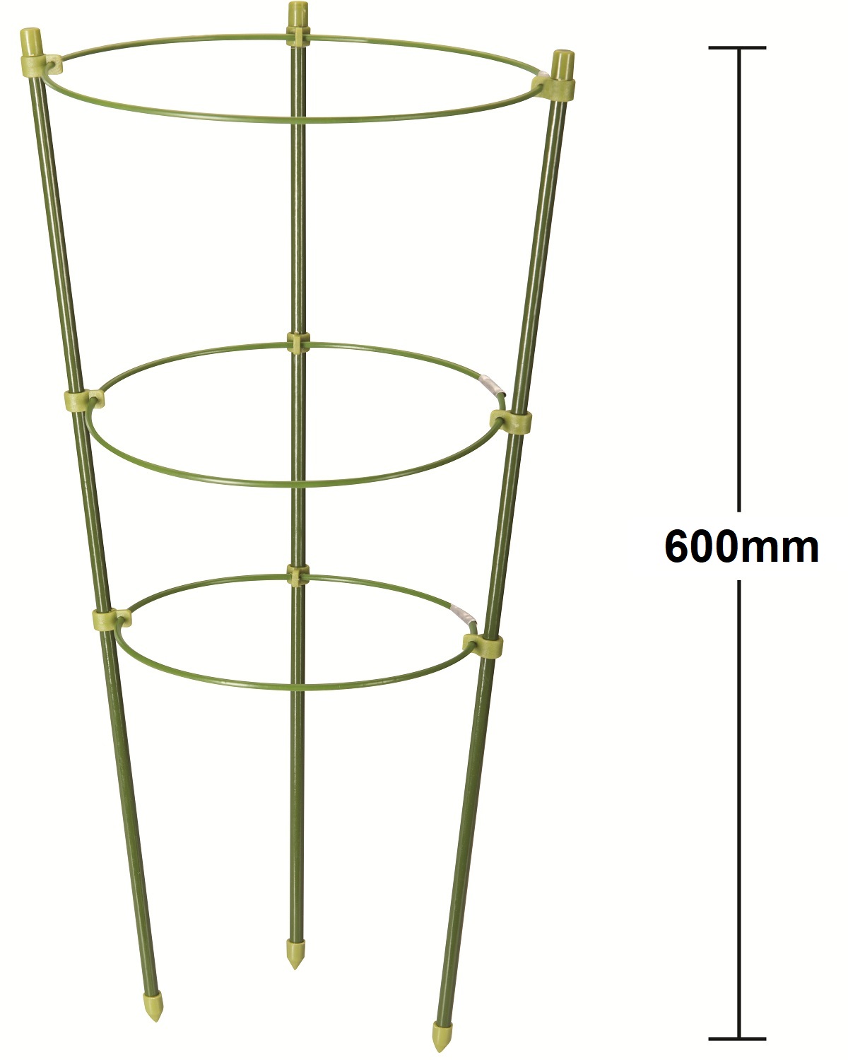 Green 3-ring garden plant support standing upright with three circular rings for plant stability showing height