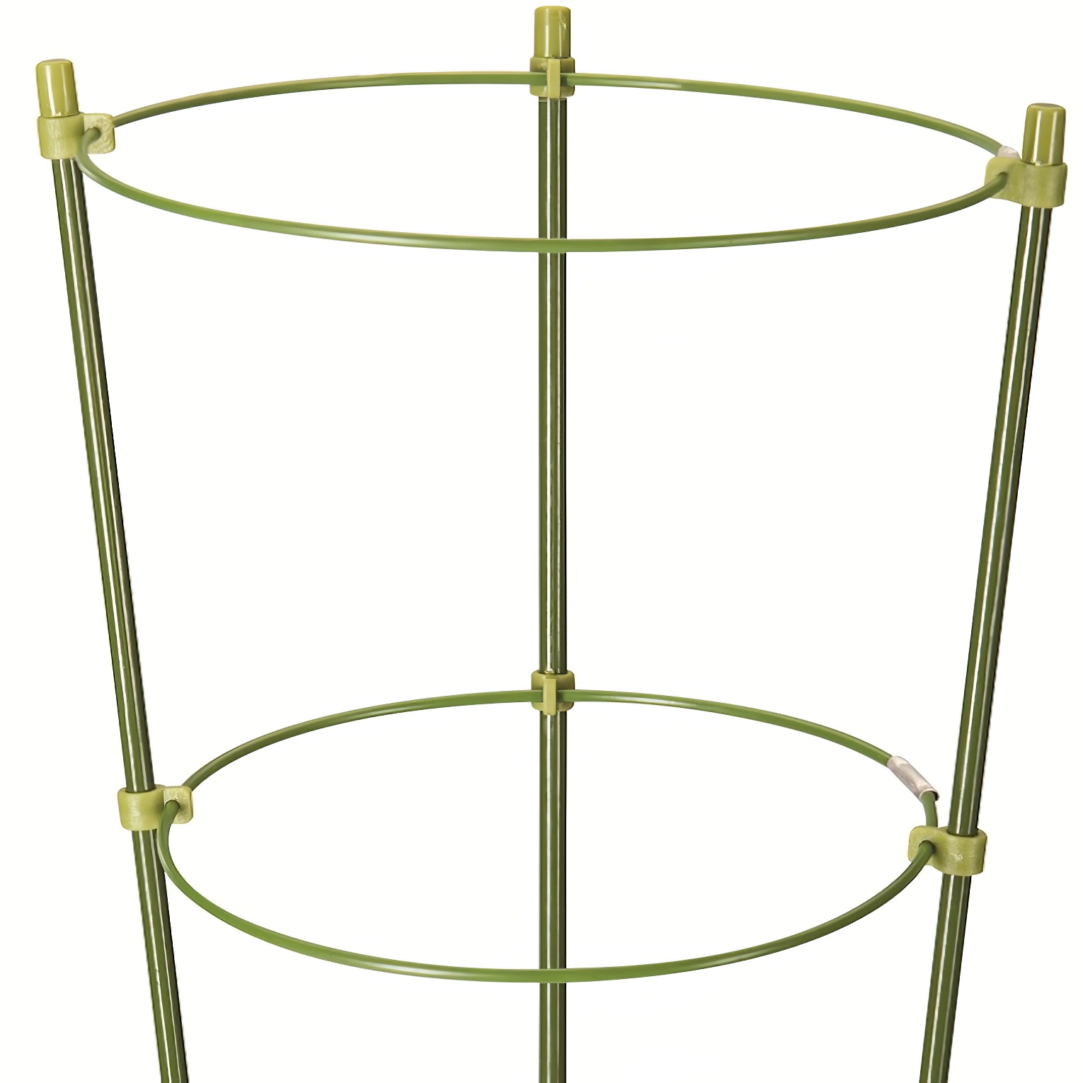 Green 3-ring garden plant support standing upright with three circular rings for plant stability. closeup