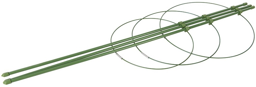 Green metal garden plant support with three rings and long stakes, 600mm high.