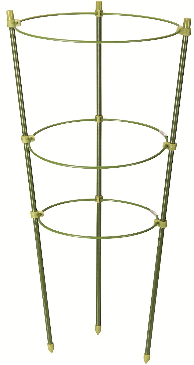 Green 3-ring garden plant support standing upright with three circular rings for plant stability.
