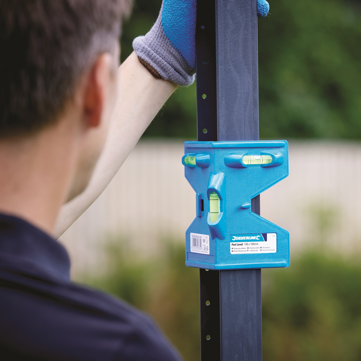 Blue Silverline 3 vial level with a metal post with magnets