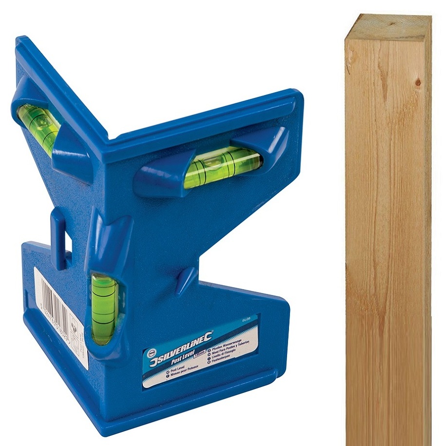 Blue Silverline 3 vial level with a timber post for accurate levelling.