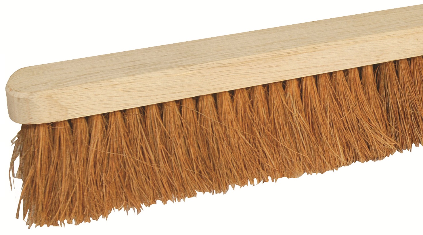 Wooden broom head with soft coco bristles for sweeping large surfaces closeup