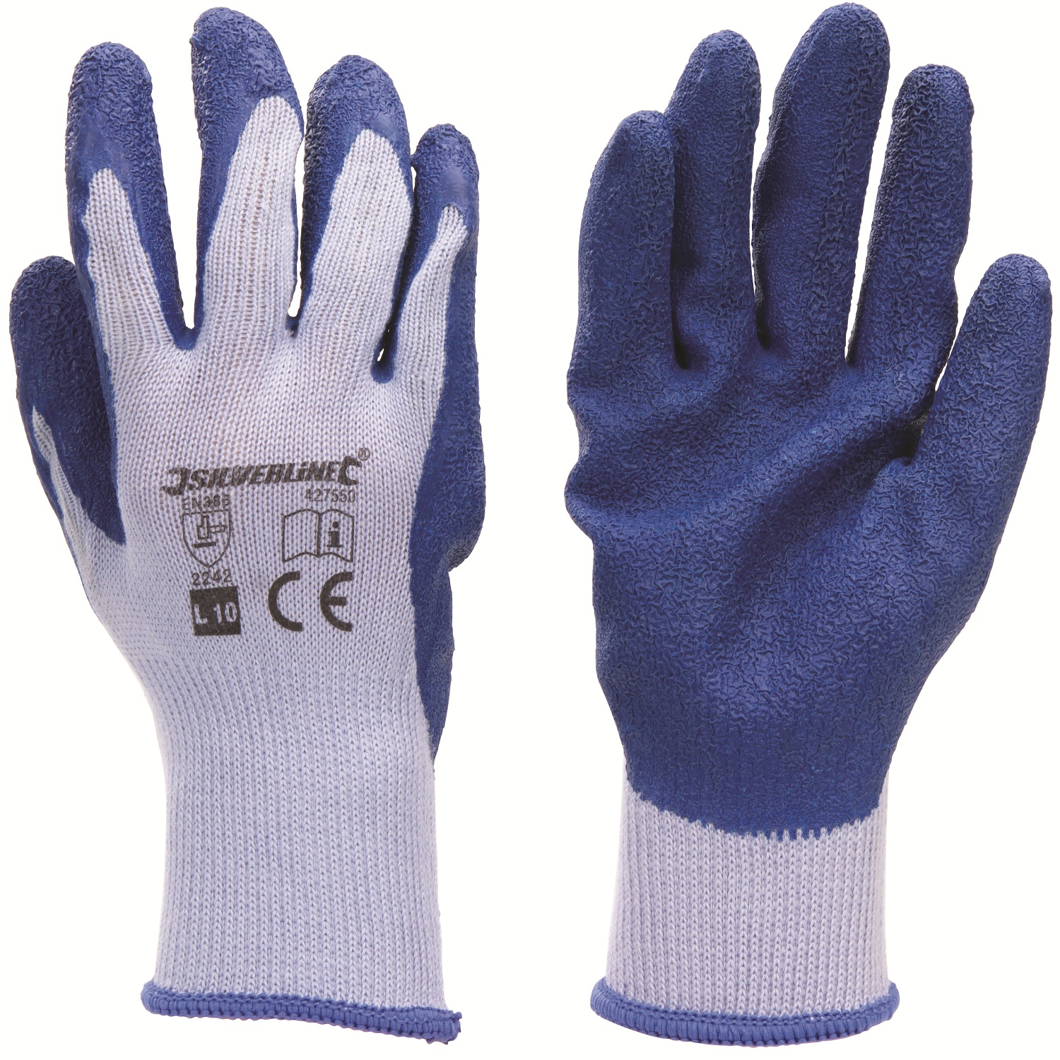 Pair of blue Silverline builders gloves with abrasion resistant palms, showing front and back views.