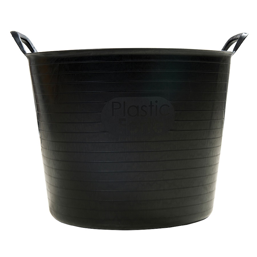 Black flexible tub with handles, suitable for heavy-duty storage.