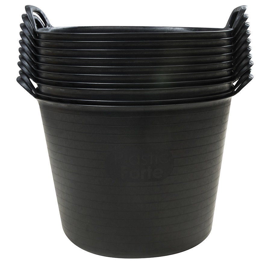 Black flexible tub with handles, stacked in a group.