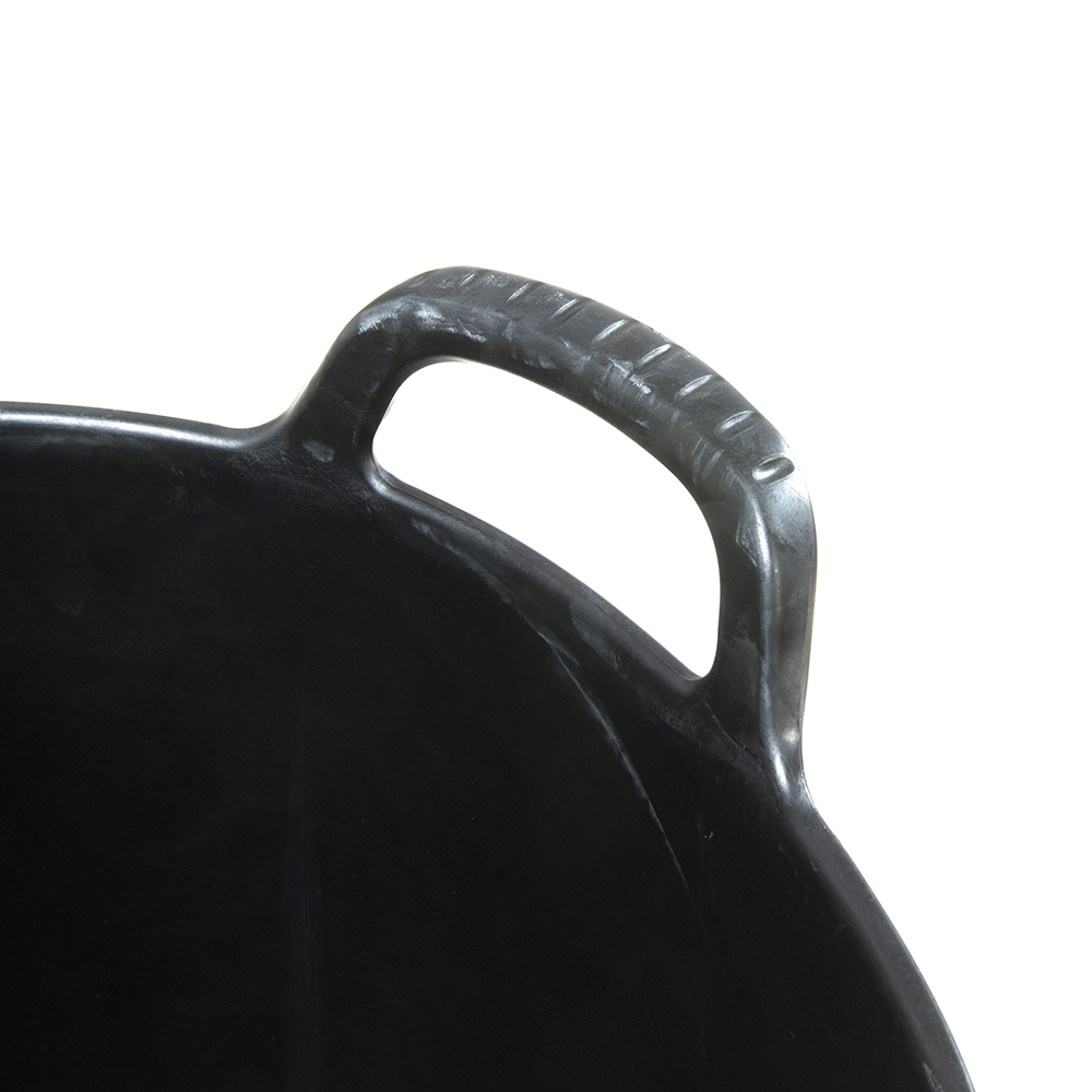 Close-up of a black flexible tub handle, part of a multi-purpose storage container.