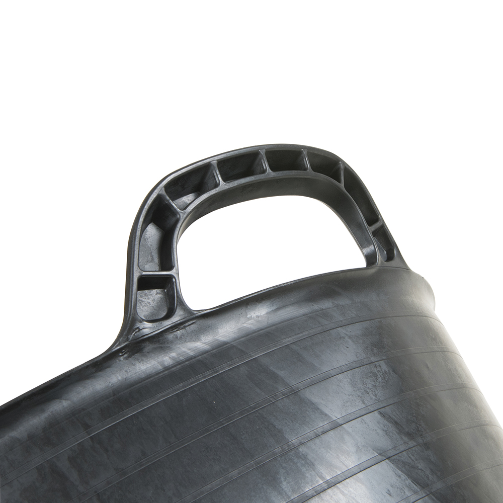 Close-up of the handle and upper part of a black flexible tub with a ribbed texture.