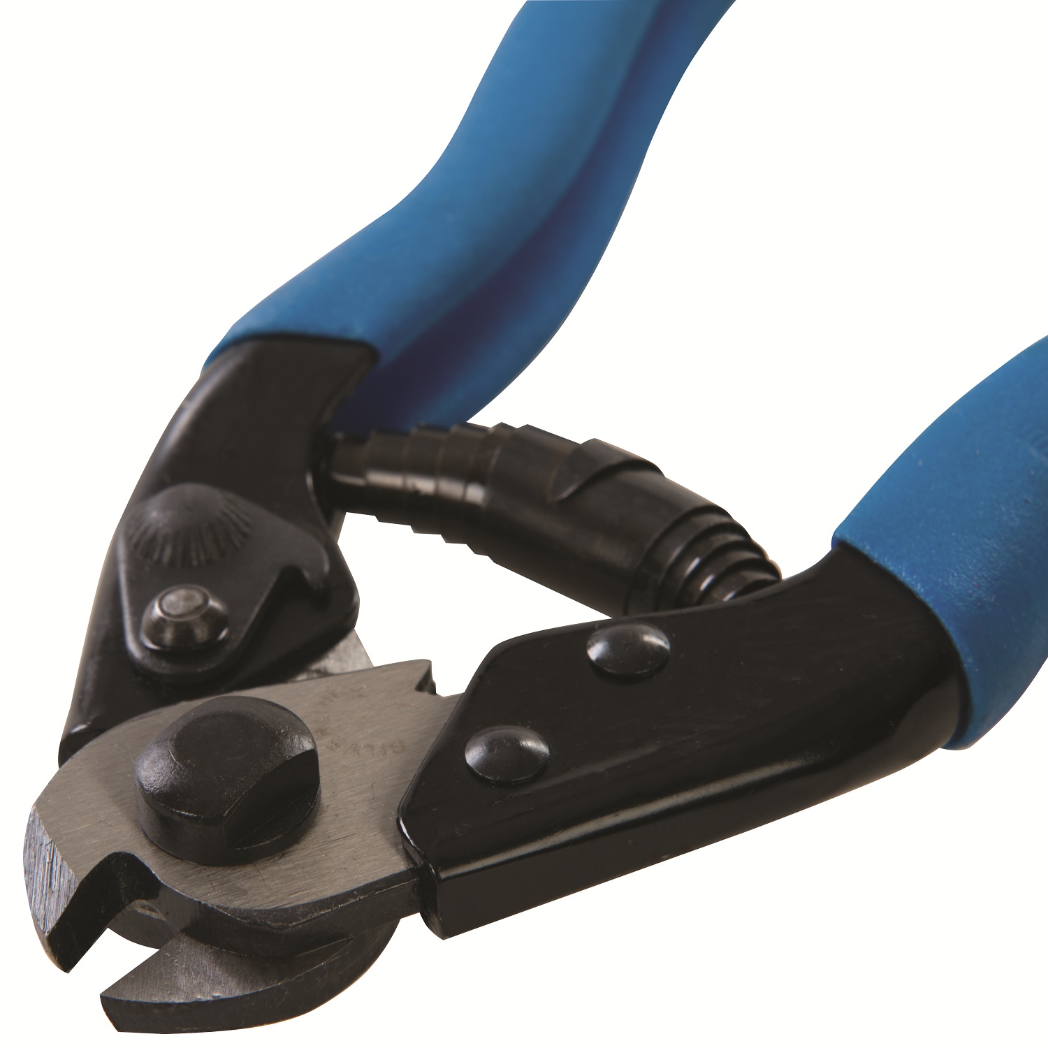 Close-up of blue-handled cable wire rope cutter pliers with sharp blades.