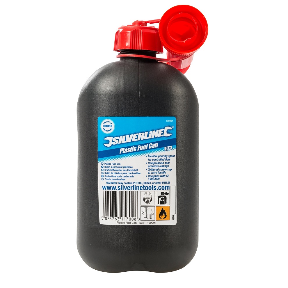 Black 5-litre plastic diesel fuel can with red cap and spout.