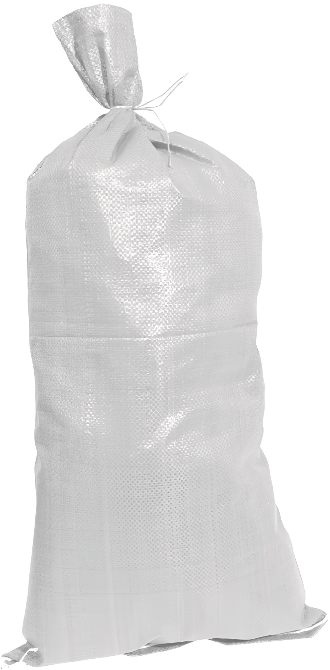 White sandbag measuring 330 x 750mm, filled and tied at the top.
