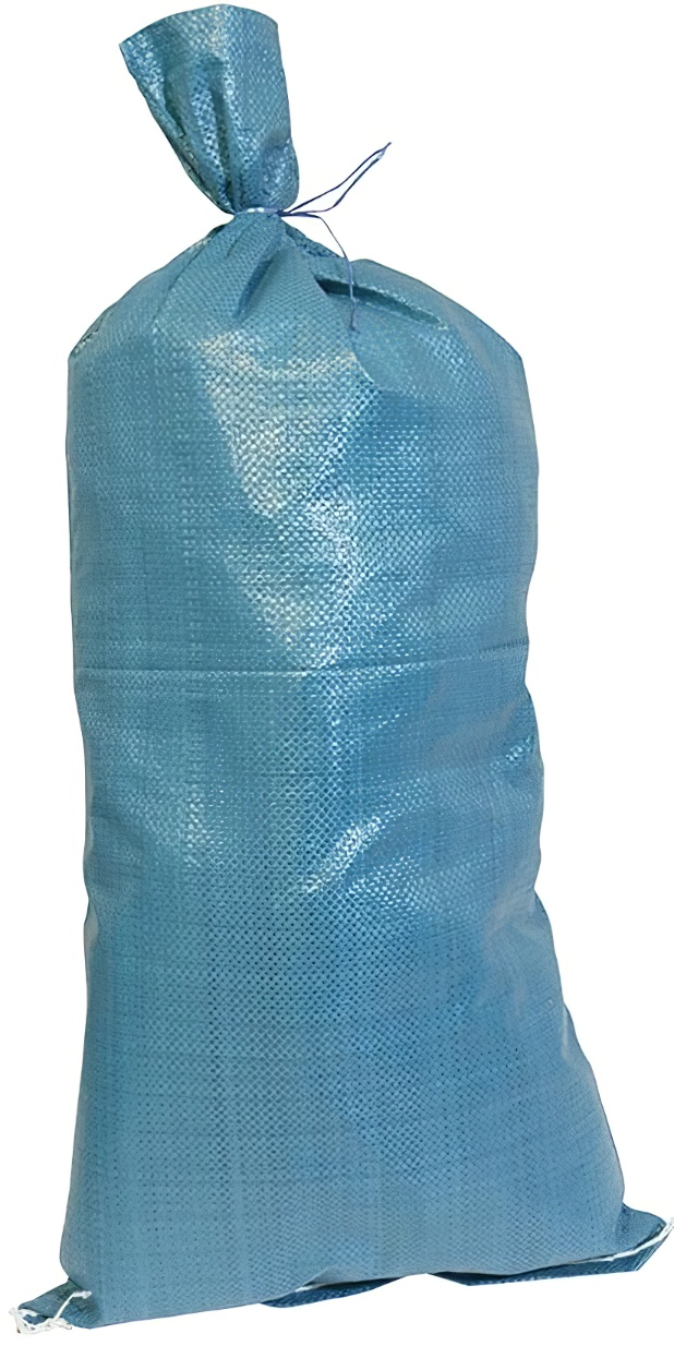 Blue sandbag standing upright with a tied top.