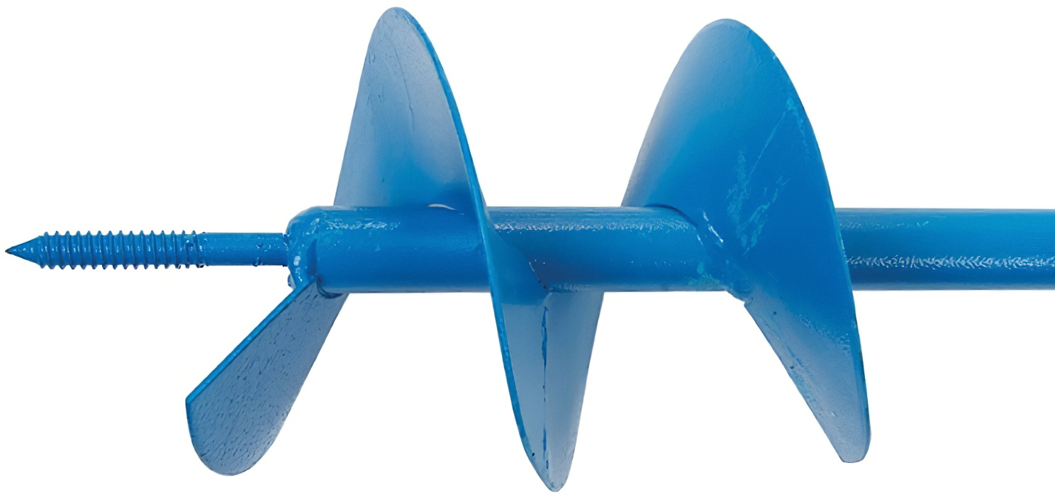 Blue manual corkscrew fence post hole auger with spiral blade for digging.