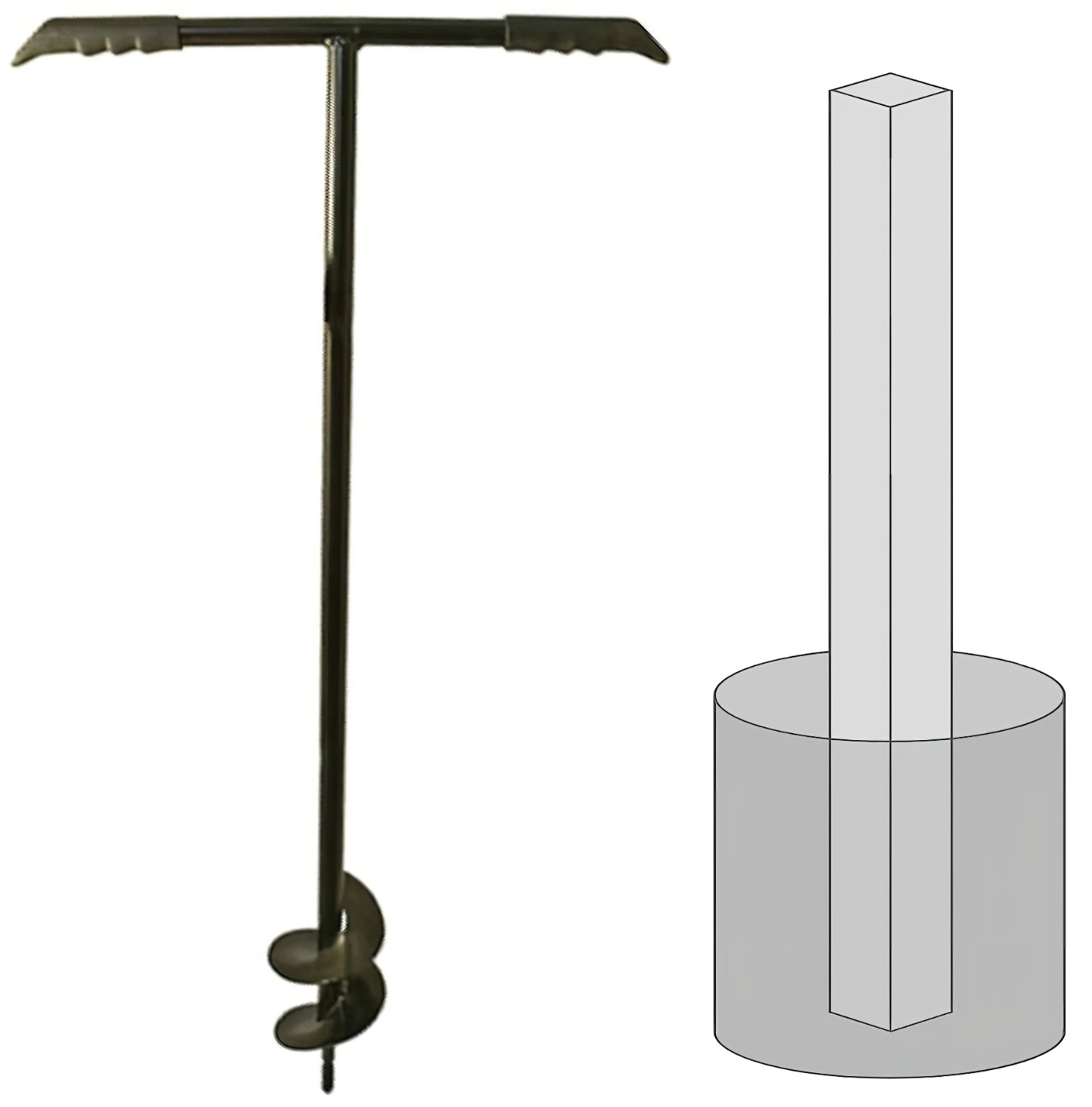 Manual corkscrew fence post hole auger with T-shaped handle and spiral blade.