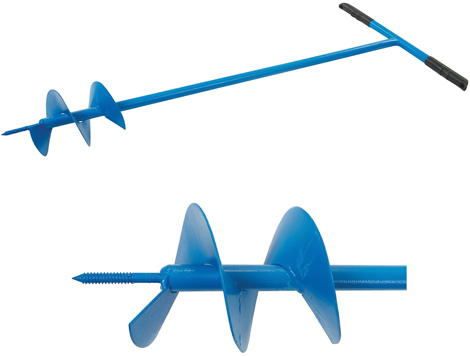 Blue manual corkscrew fence post hole auger with T-shaped handle and spiral blade.
