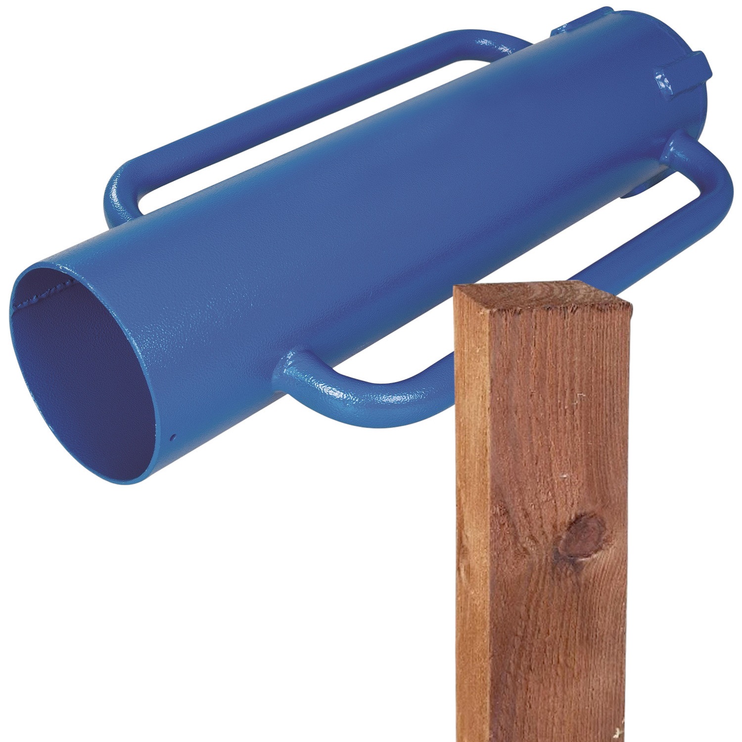 Blue steel rammer tube driver with handles next to a wooden fence post.