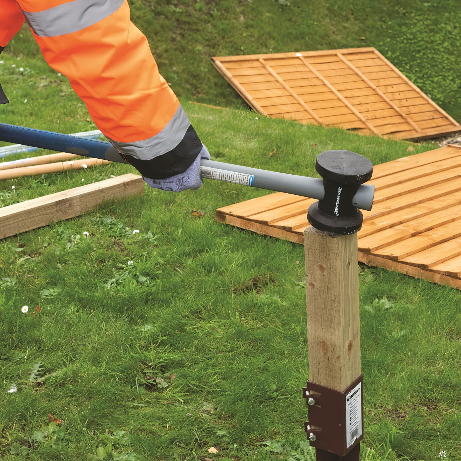Silverline Fence Post Maul with a large 10lb hammer head and a long handle, shown next to a wooden fence post in-use