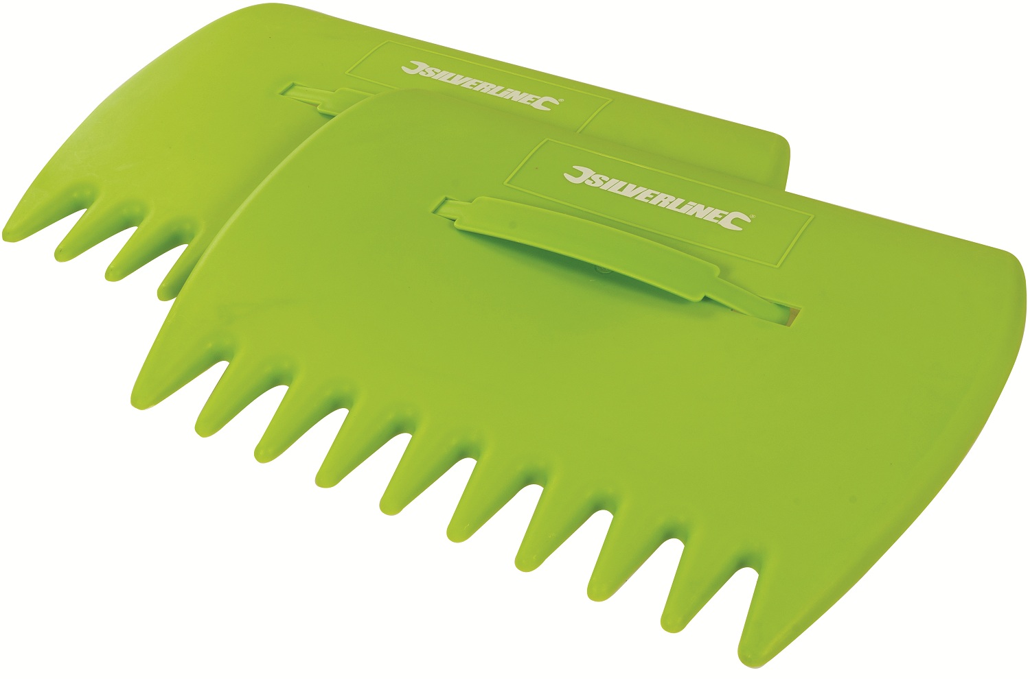 Green plastic leaf collector scoop with a handle for garden clean-up.