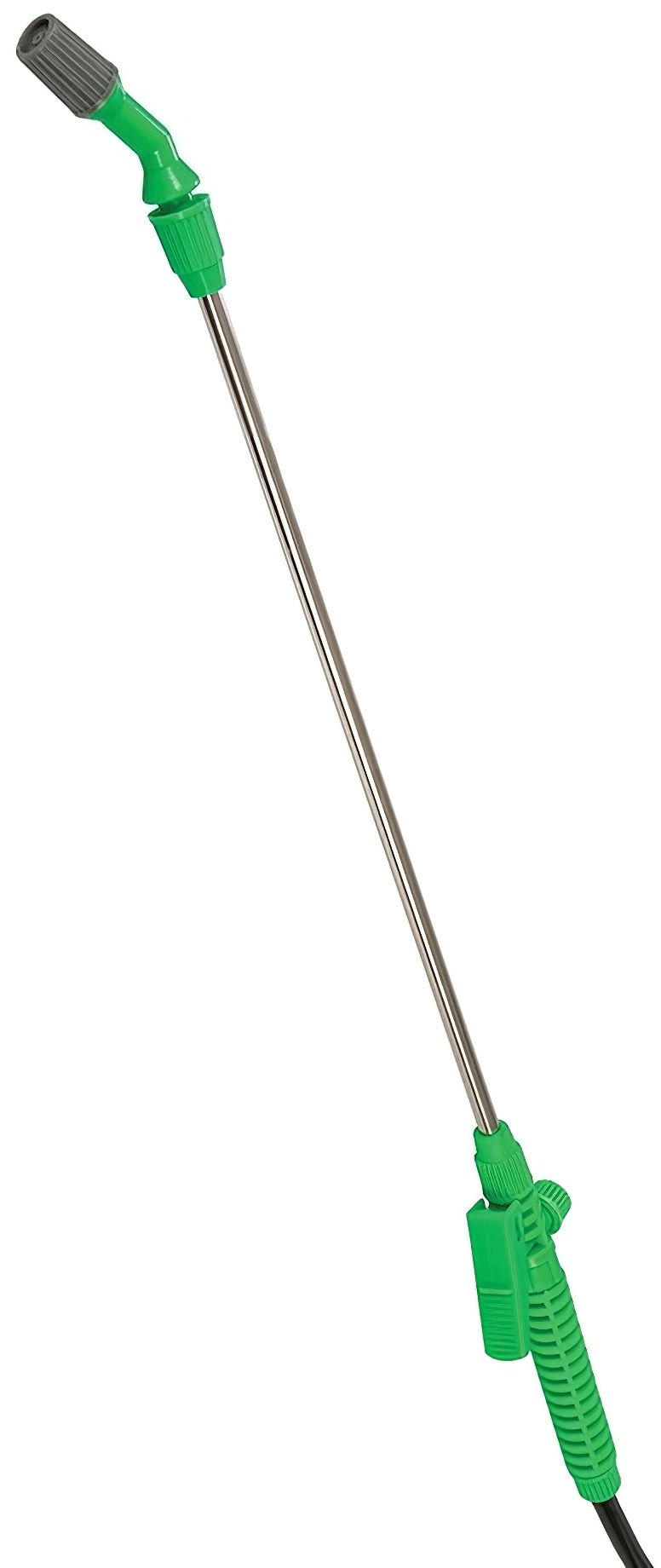 Long metal spray wand with green handle and nozzle attachment for a garden pressure sprayer.