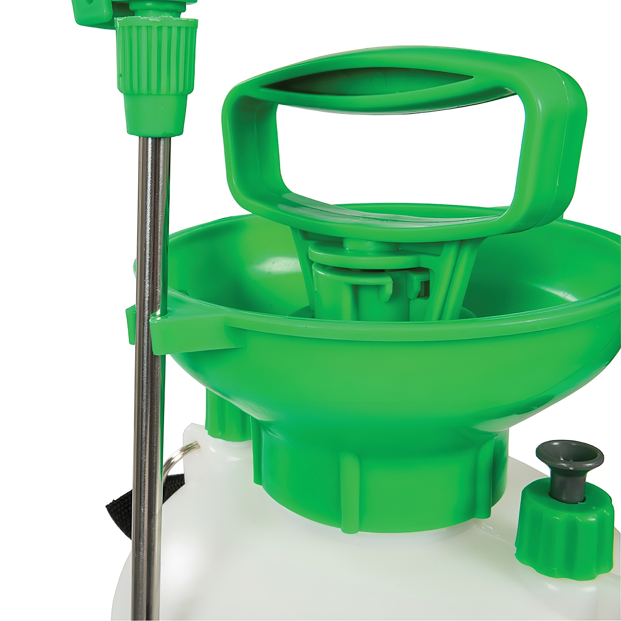 Close-up of a green and white garden hand pump sprayer with a handle and nozzle.