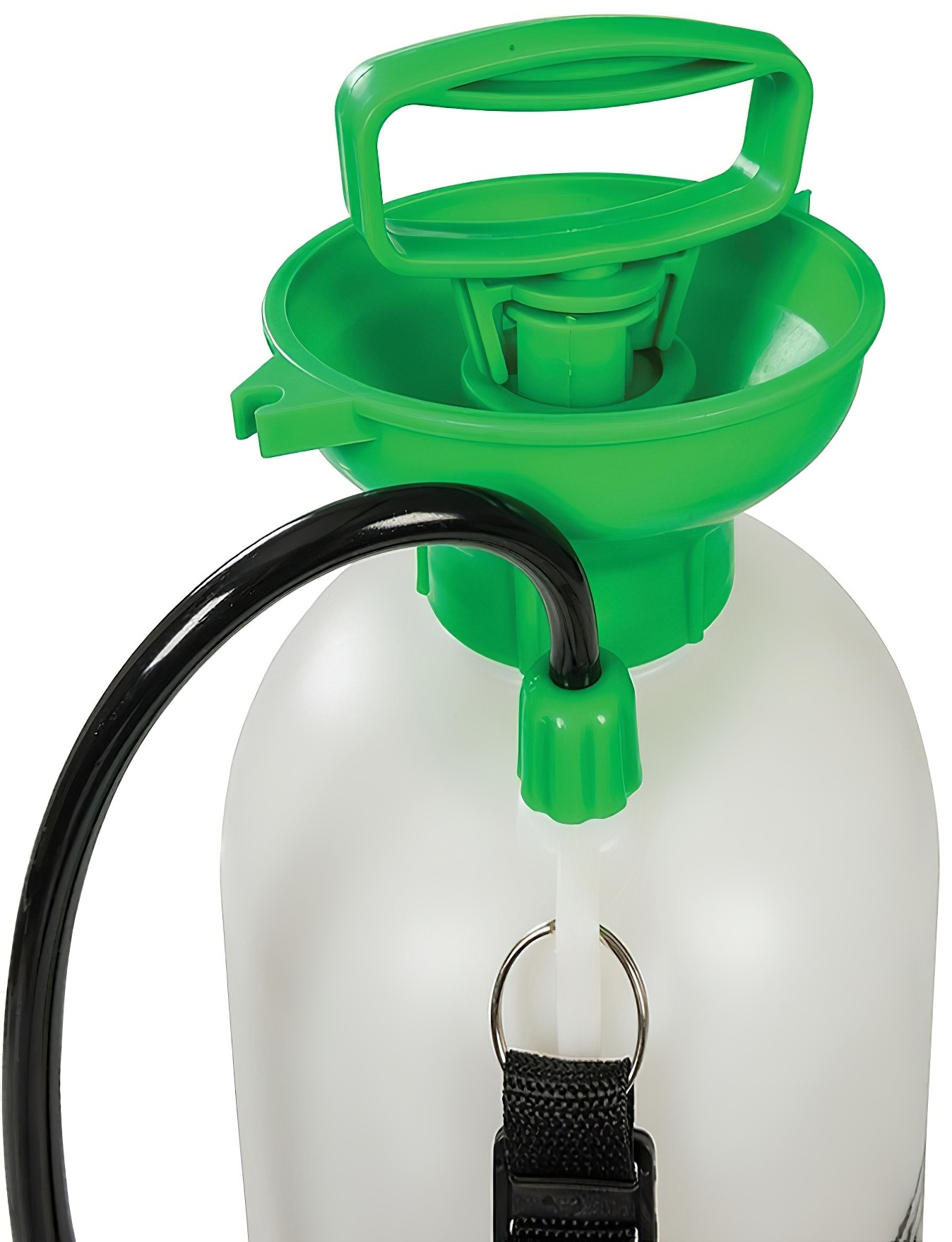 Close-up of a Silverline 5L garden hand pump and spray pressure sprayer with a green handle and funnel.