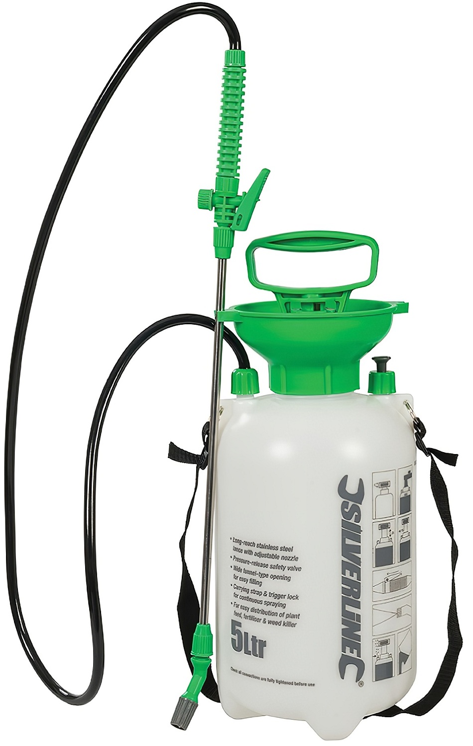 Silverline Garden Hand Pump and Spray Pressure Sprayer 5L with green handle and nozzle.