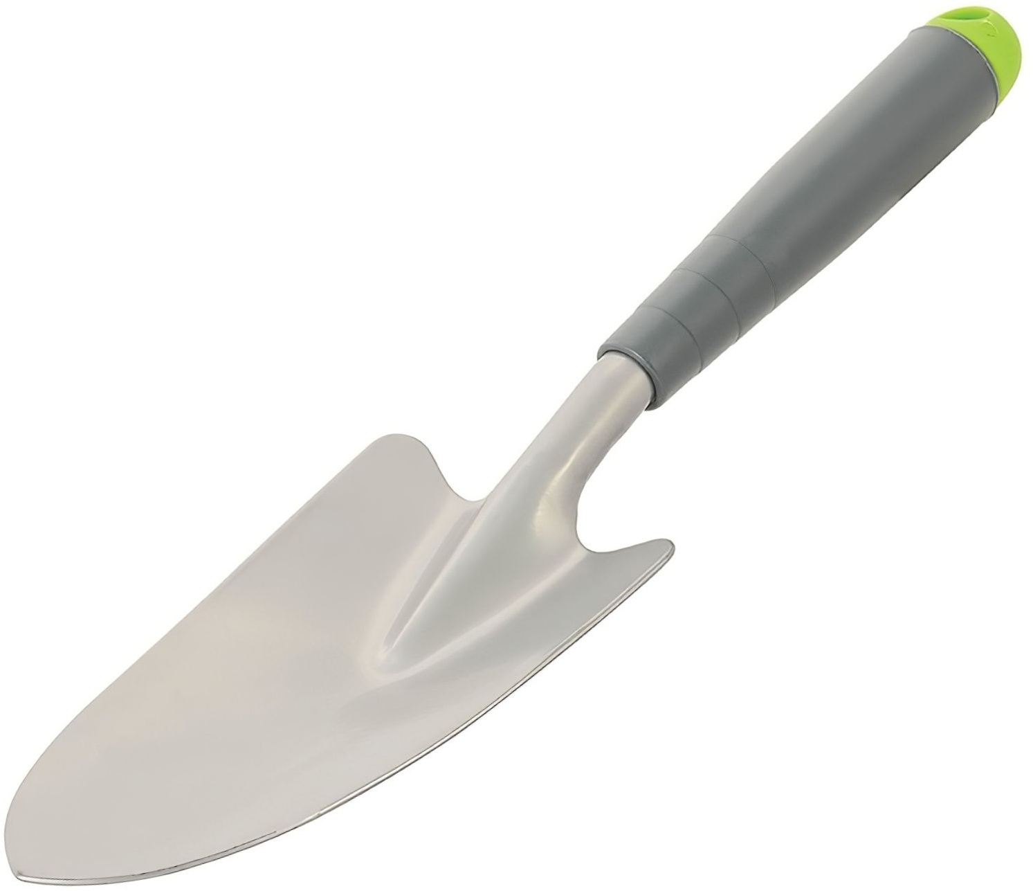 Two views of a Silverline garden hand trowel with a grey handle and silver blade, designed for soil cultivating and planting.