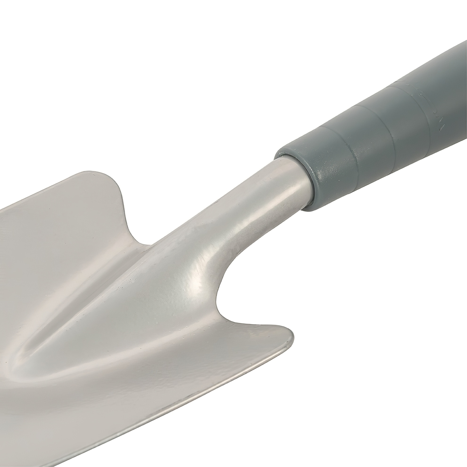 Close-up of a garden hand trowel with a grey handle and silver blade.