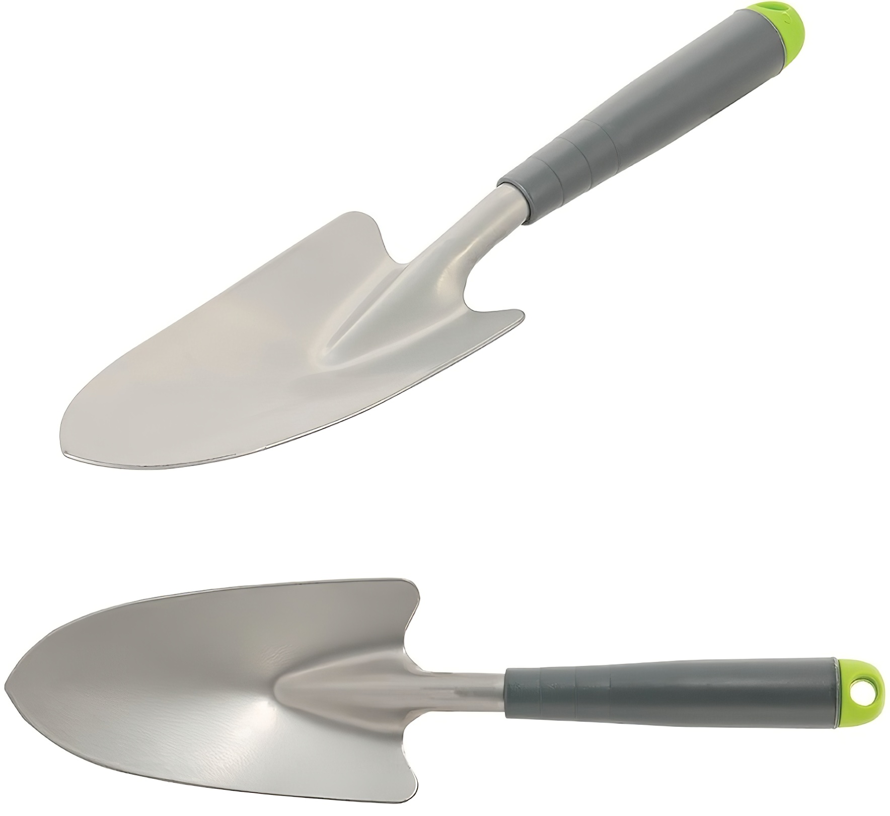 Two views of a Silverline garden hand trowel with a grey handle and silver blade, designed for soil cultivating and planting.