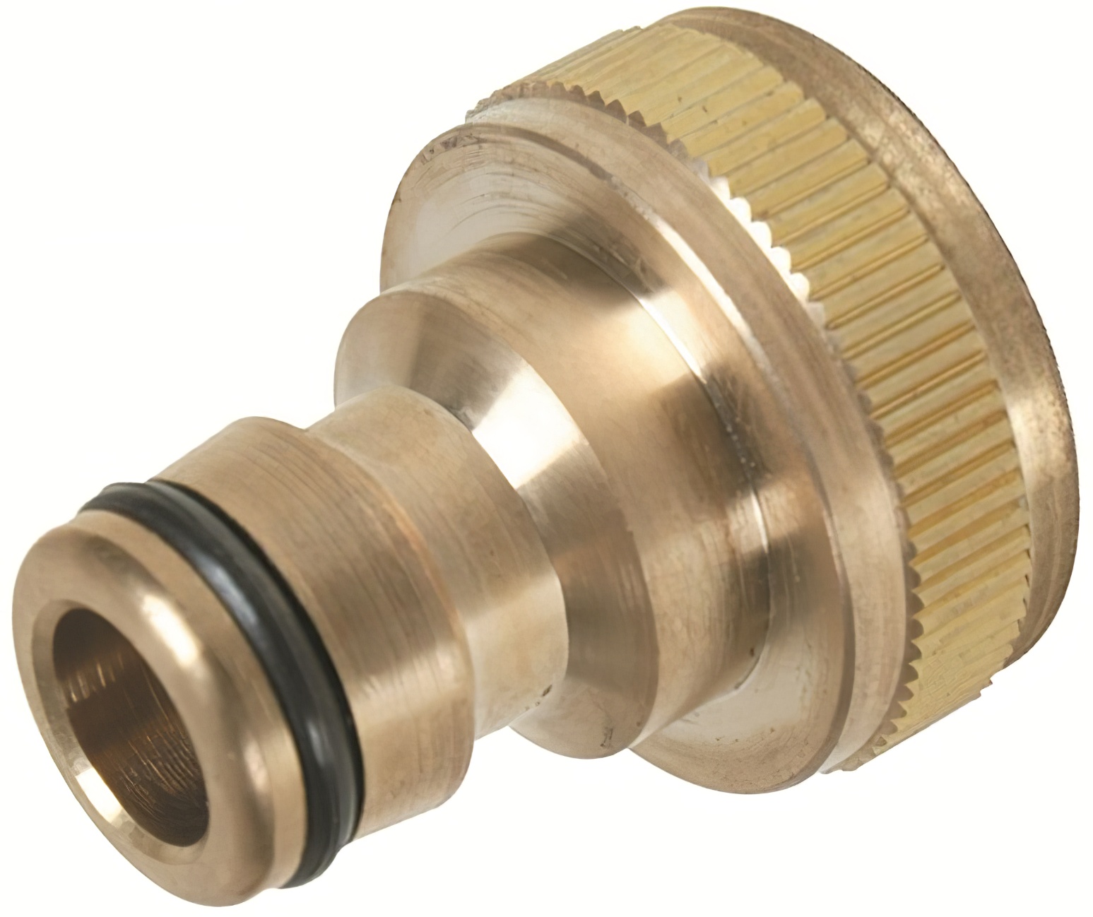 Brass tap connector for garden hose with secure fitting.