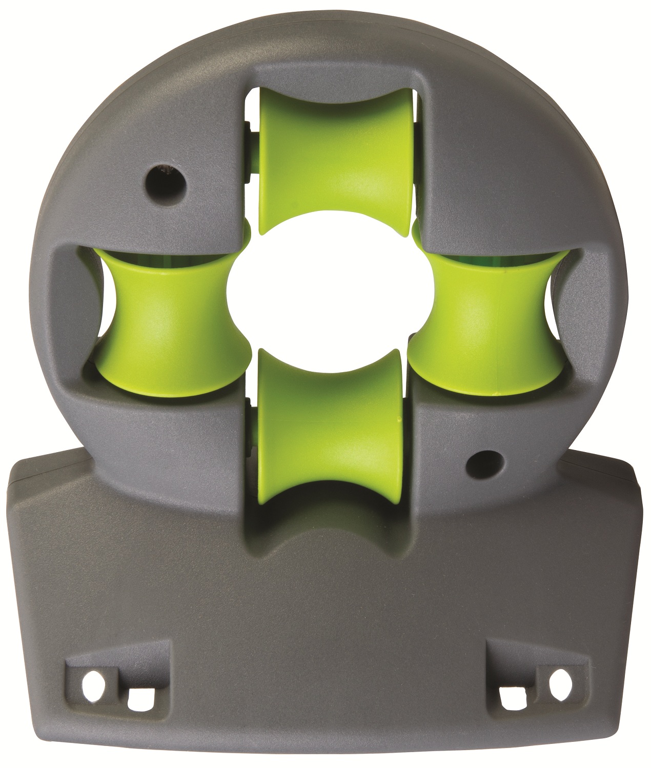 Grey and green garden hose pipe guide for corner use, designed for horizontal and vertical control. front view
