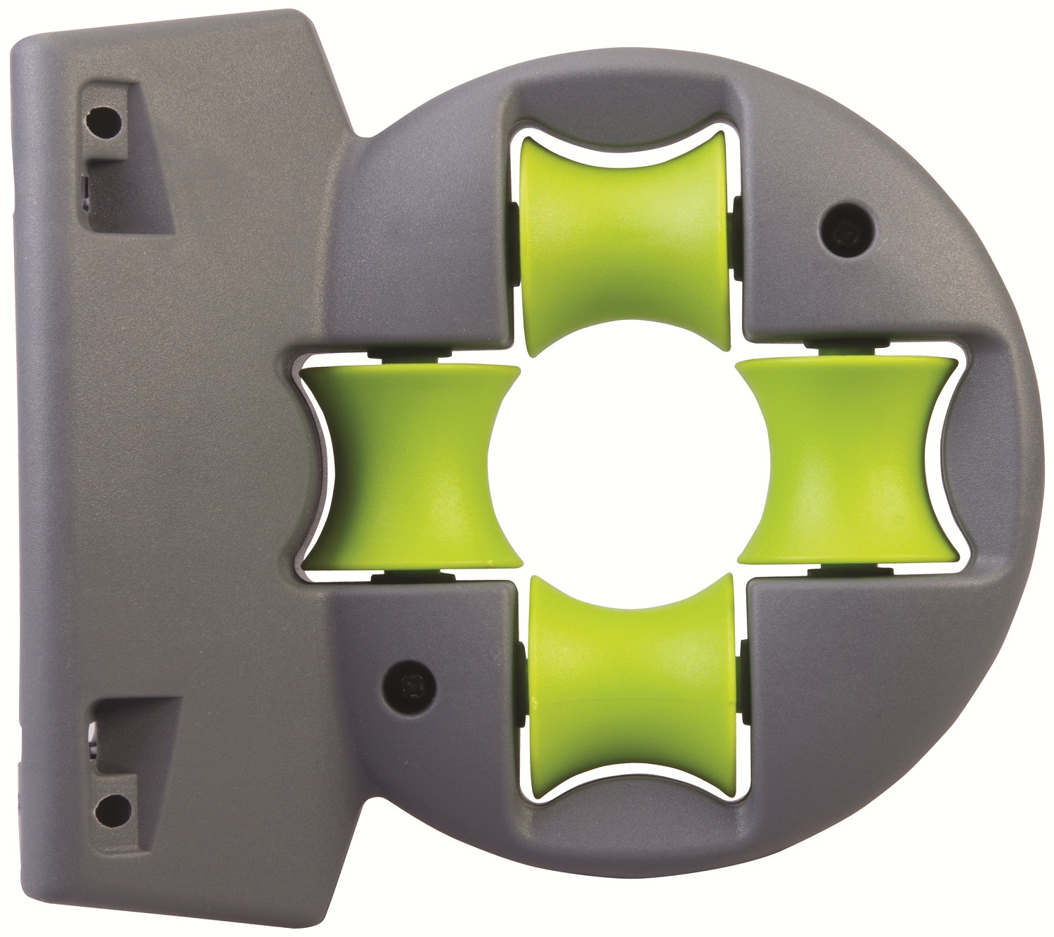 Grey and green garden hose pipe guide for corner use, designed for horizontal and vertical, vertical mounting